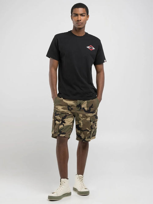 BLACK COTTON T-SHIRT WITH RED AND WHITE LETTERING