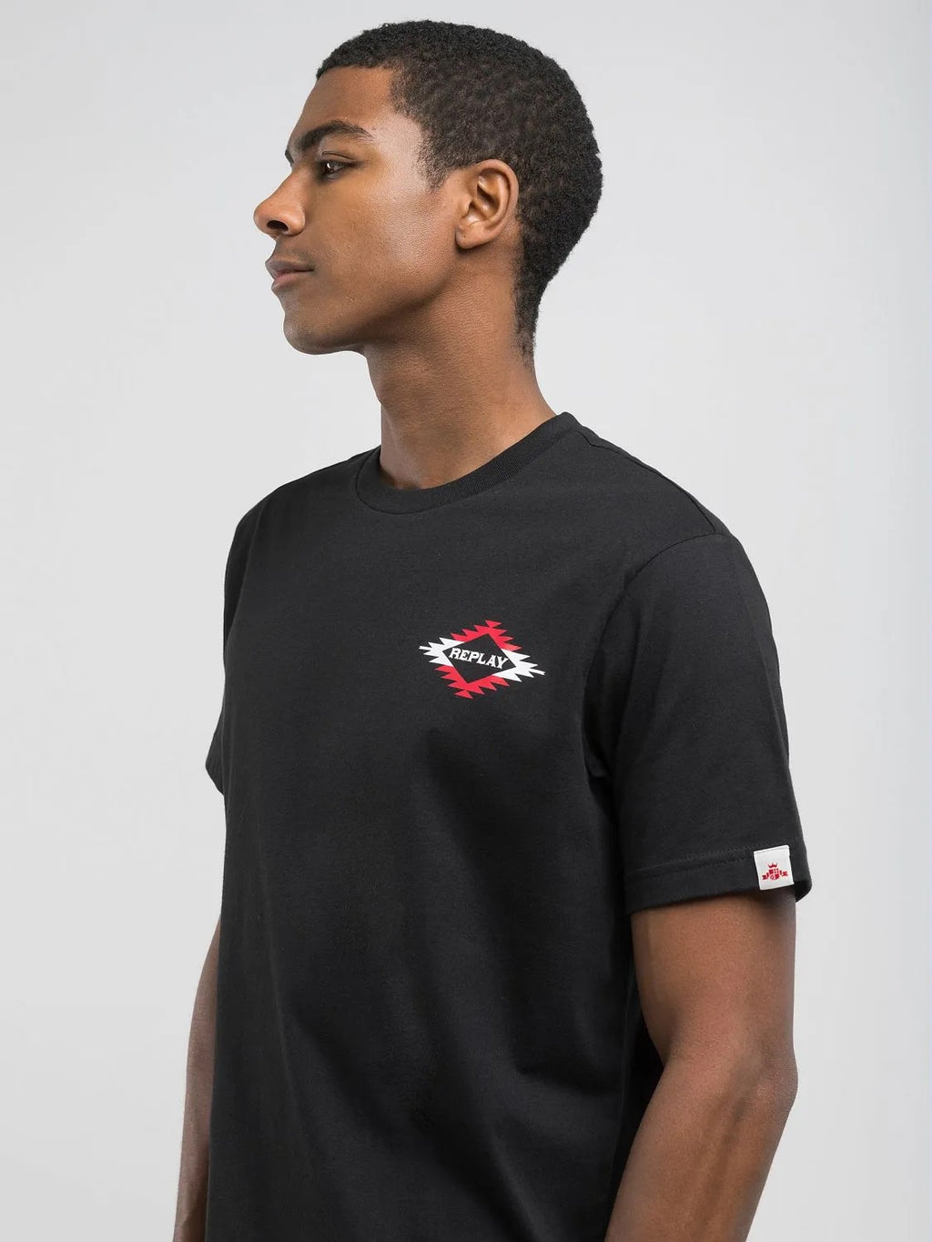 BLACK COTTON T-SHIRT WITH RED AND WHITE LETTERING