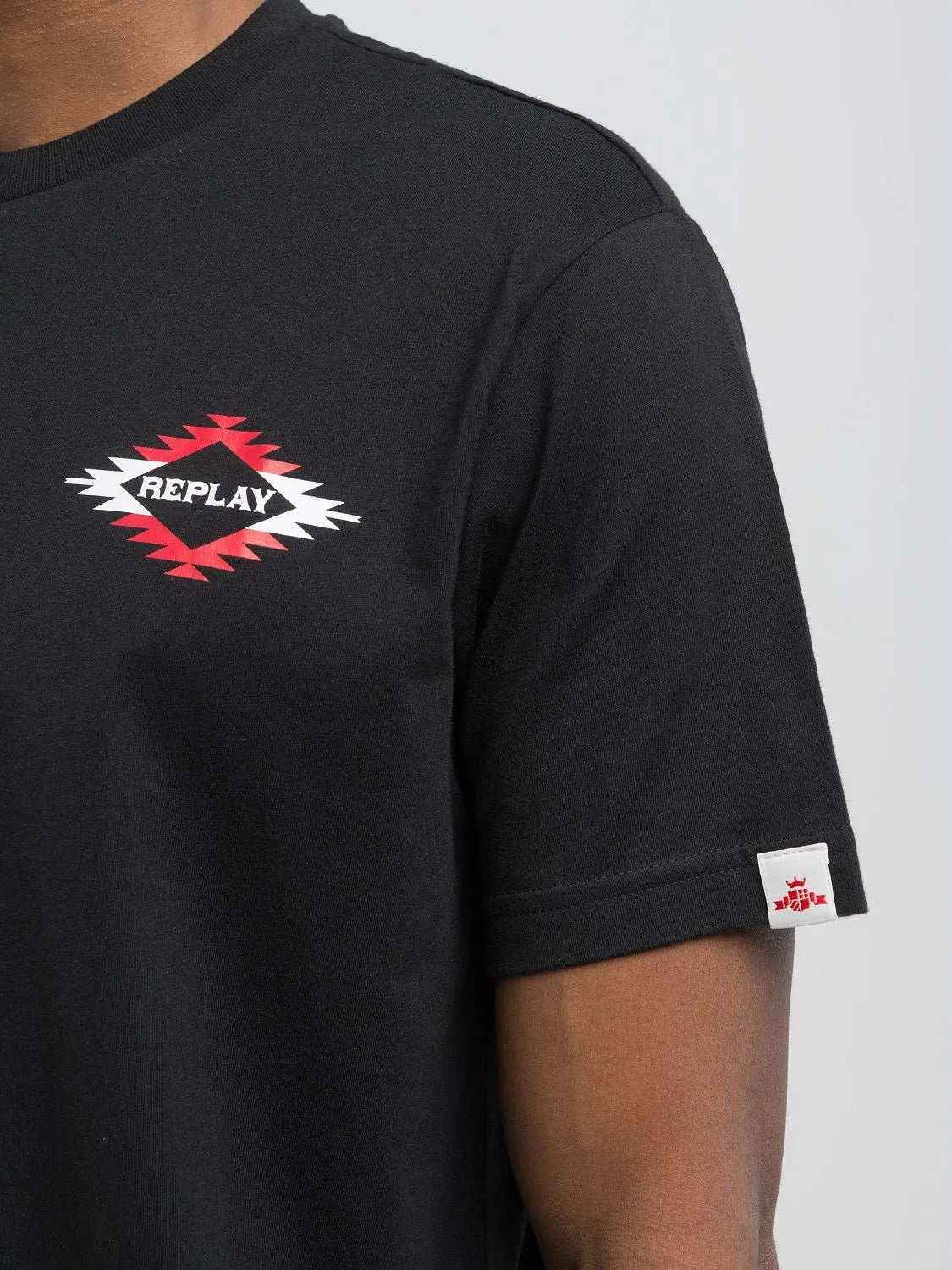 BLACK COTTON T-SHIRT WITH RED AND WHITE LETTERING