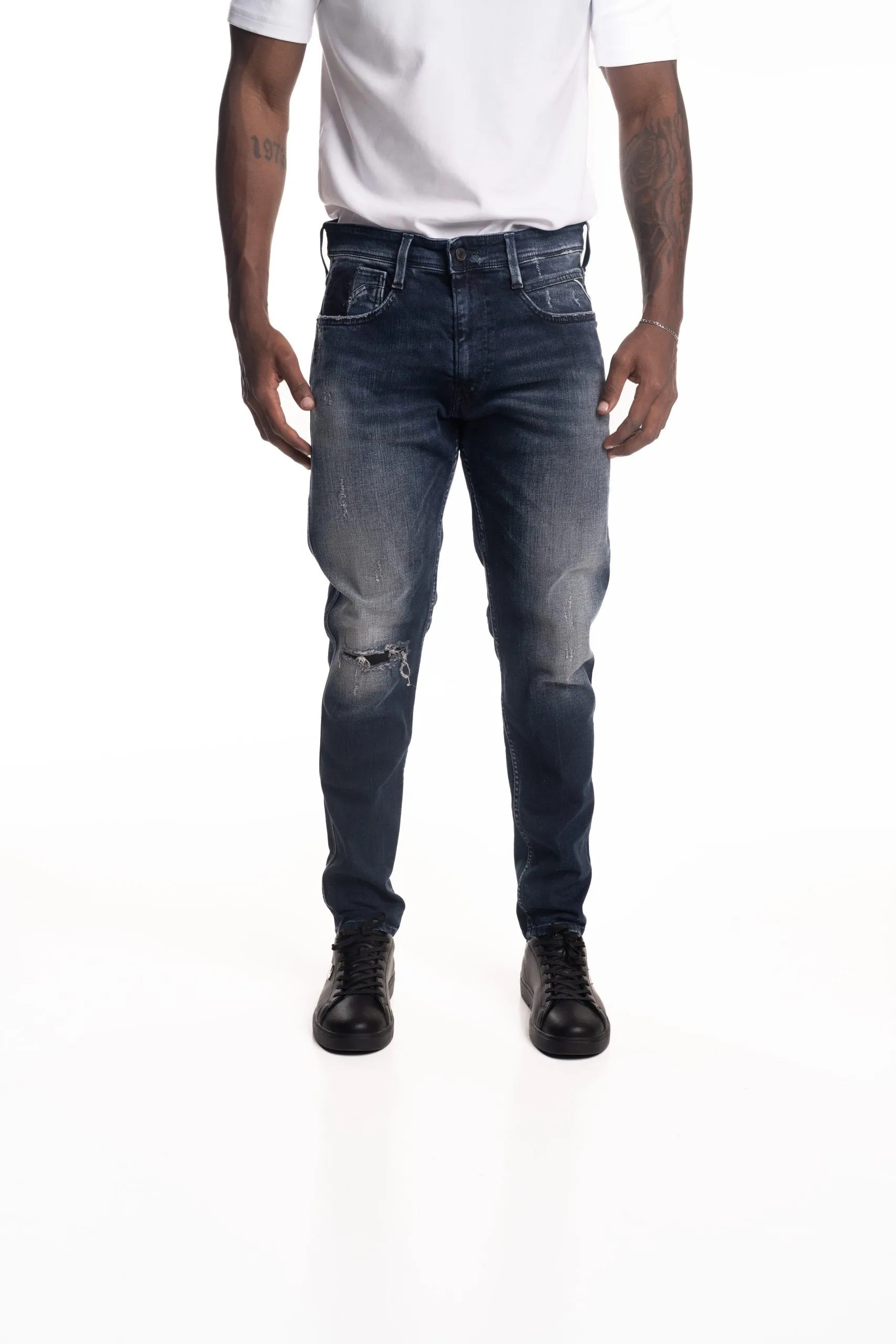 DARK BLUE RIPPED 10.5 OZ BLUE/BLACK STRETCH DENIM SUPER SLIM BRONNY JEANS