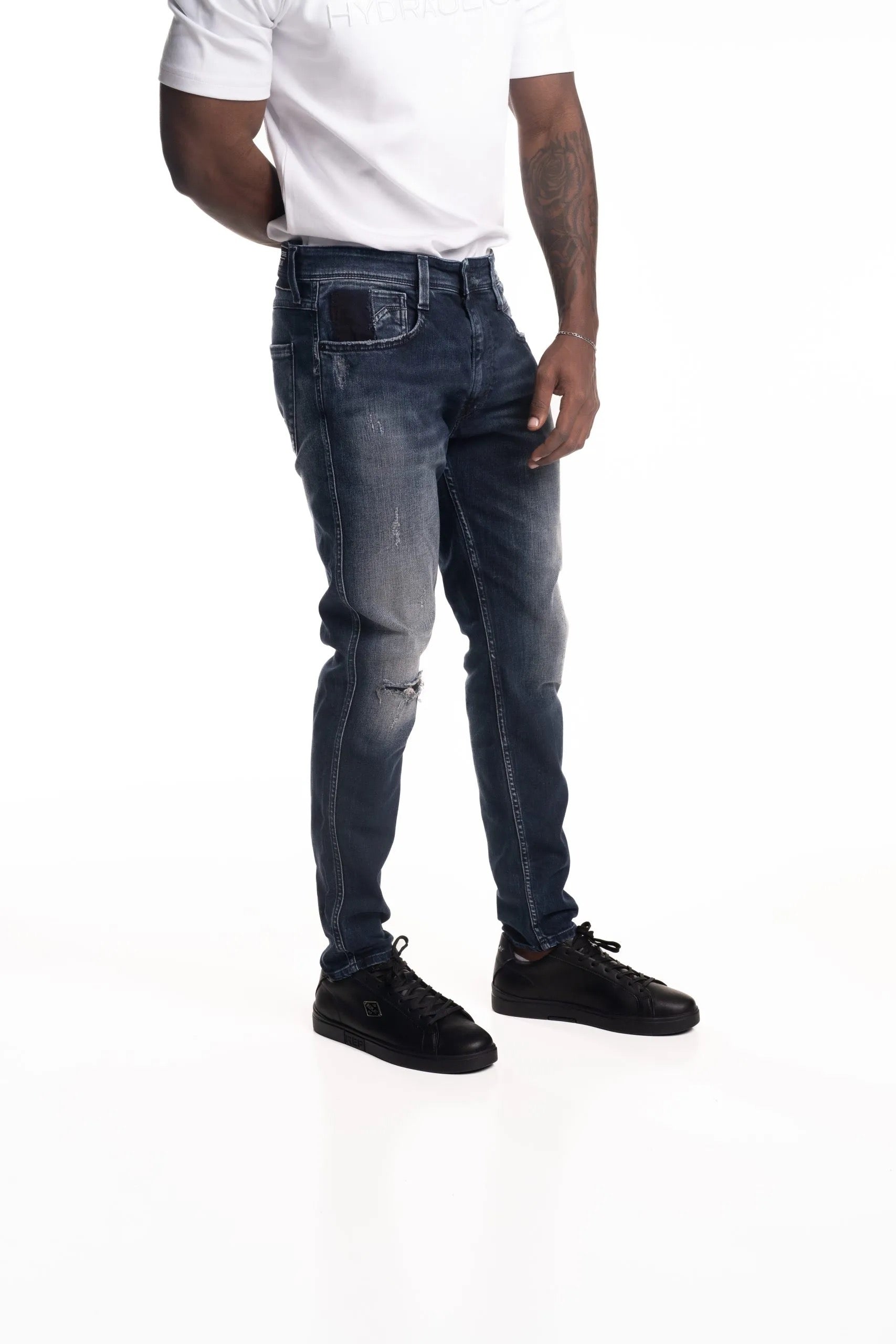 DARK BLUE RIPPED 10.5 OZ BLUE/BLACK STRETCH DENIM SUPER SLIM BRONNY JEANS