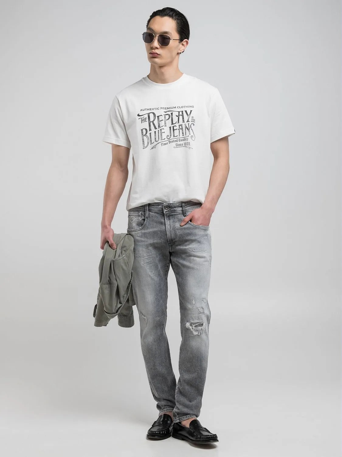 LIGHT GREY 12.5 OZ WHITE WEFT BLACK POWER STRETCH ANBASS SLIM DENIM