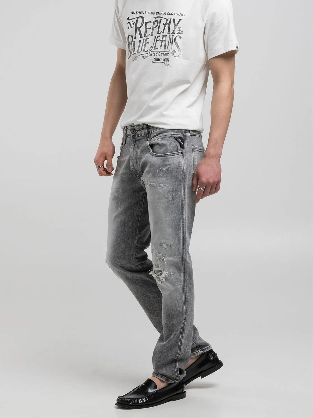 LIGHT GREY 12.5 OZ WHITE WEFT BLACK POWER STRETCH ANBASS SLIM DENIM