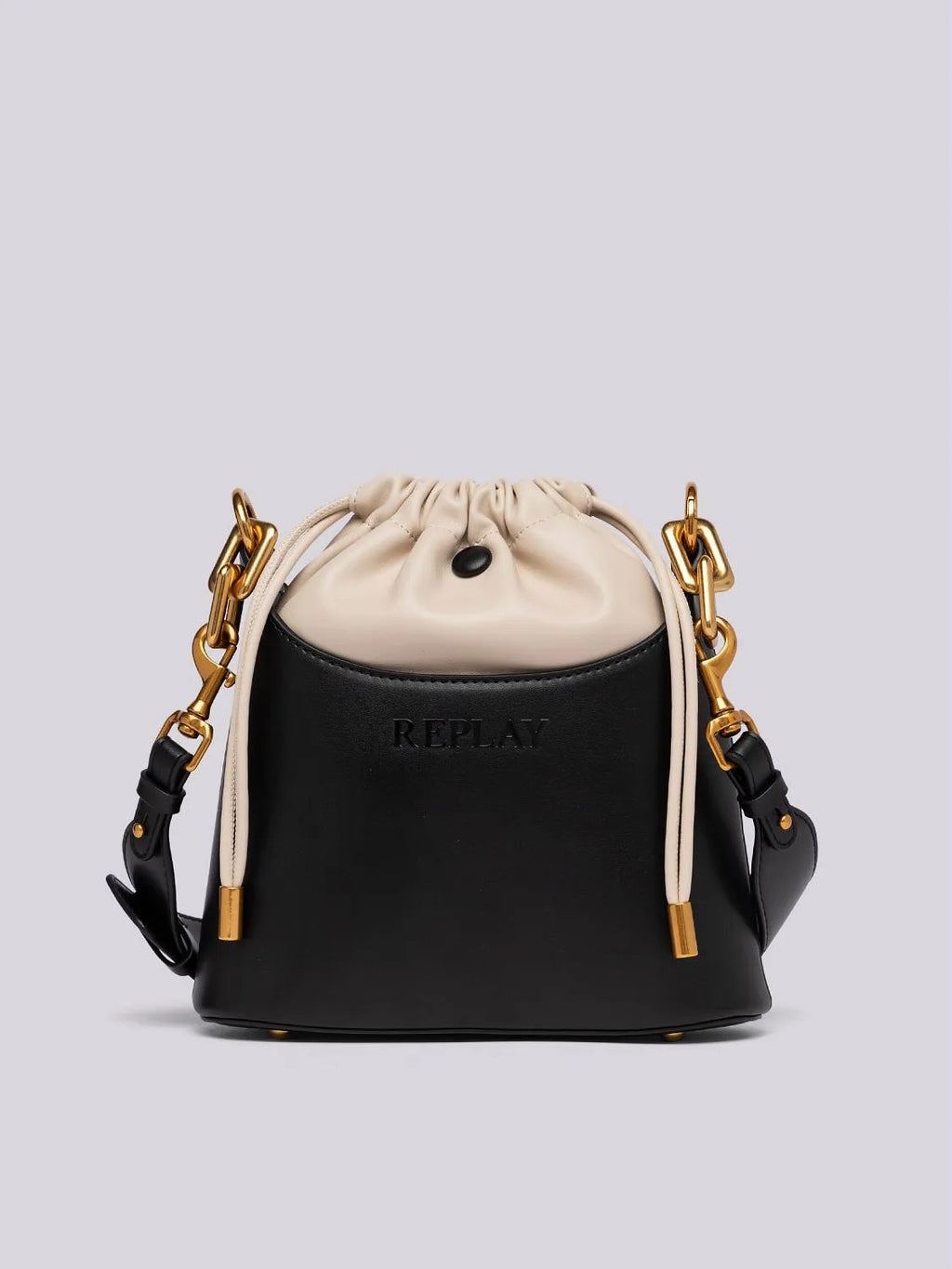 BLACK AND NUDE BUCKET BAG WITH LACES