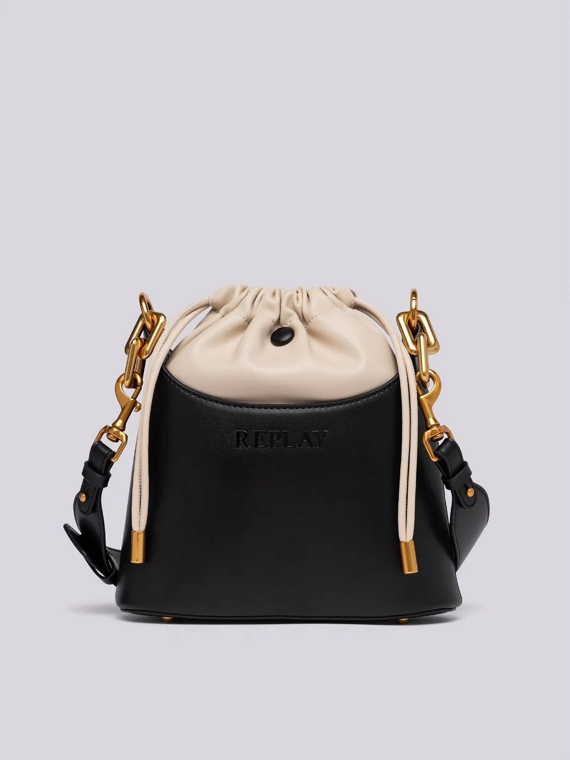 BLACK AND NUDE BUCKET BAG WITH LACES